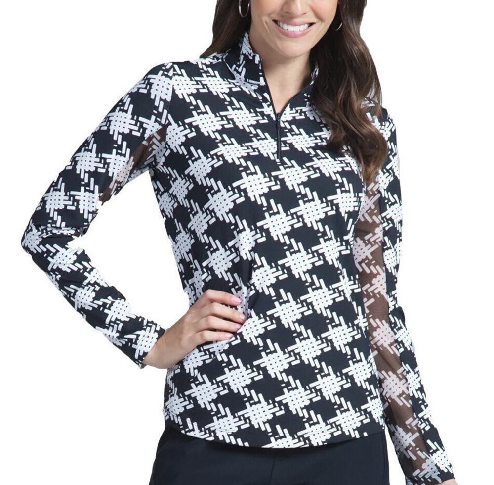 IBKUL Women's Kimberly Black/White Long Sleeve Zip Mock Neck Top